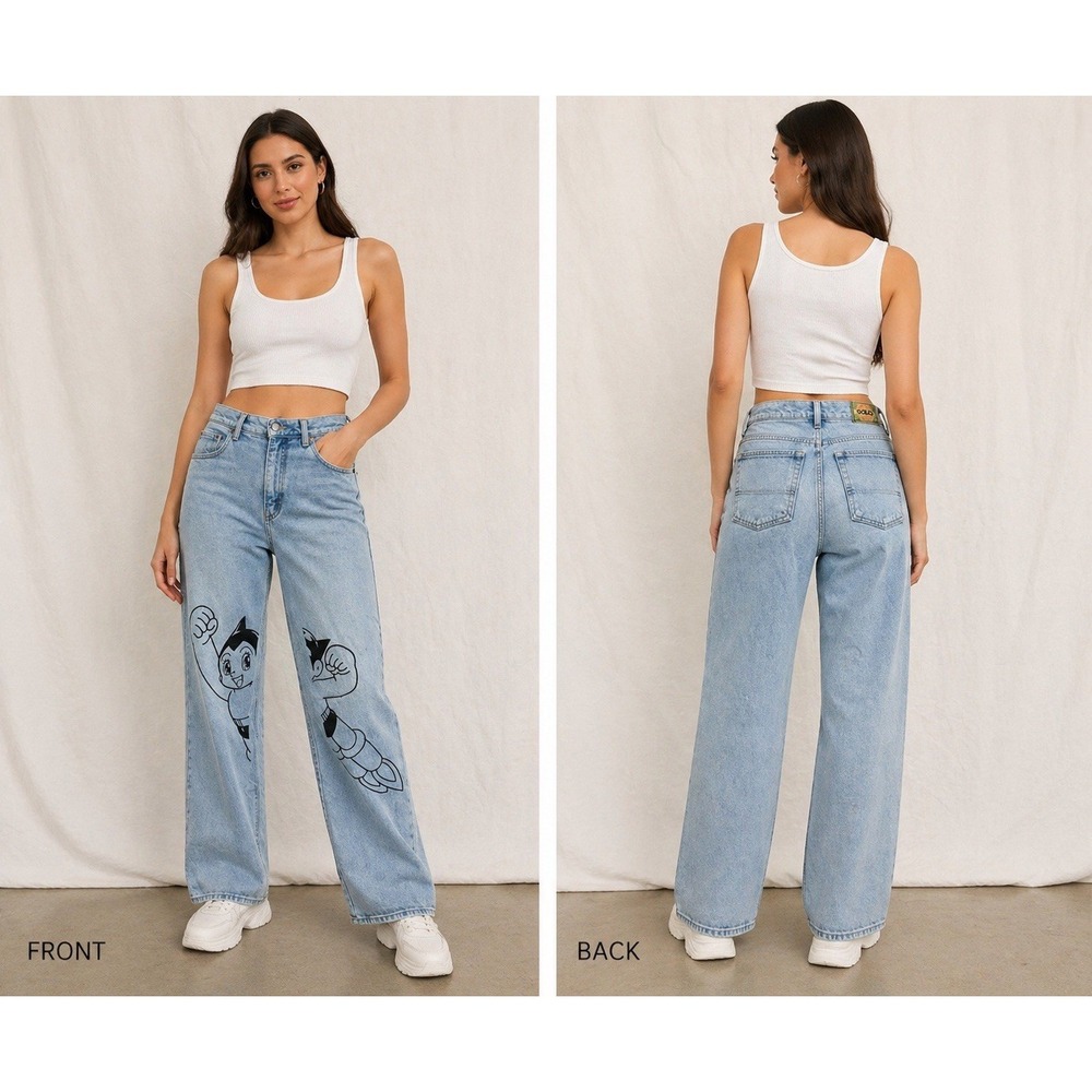 Y2K Solo Authentic Denim Women's Wide-Leg Jeans Astro Boy Graphic Made USA 30
